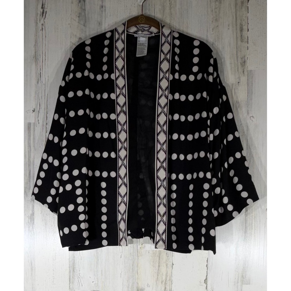 Chicos Kimono Cardigan XXS/XS Black Beige Polka Dot Silk Blend Open Front READ